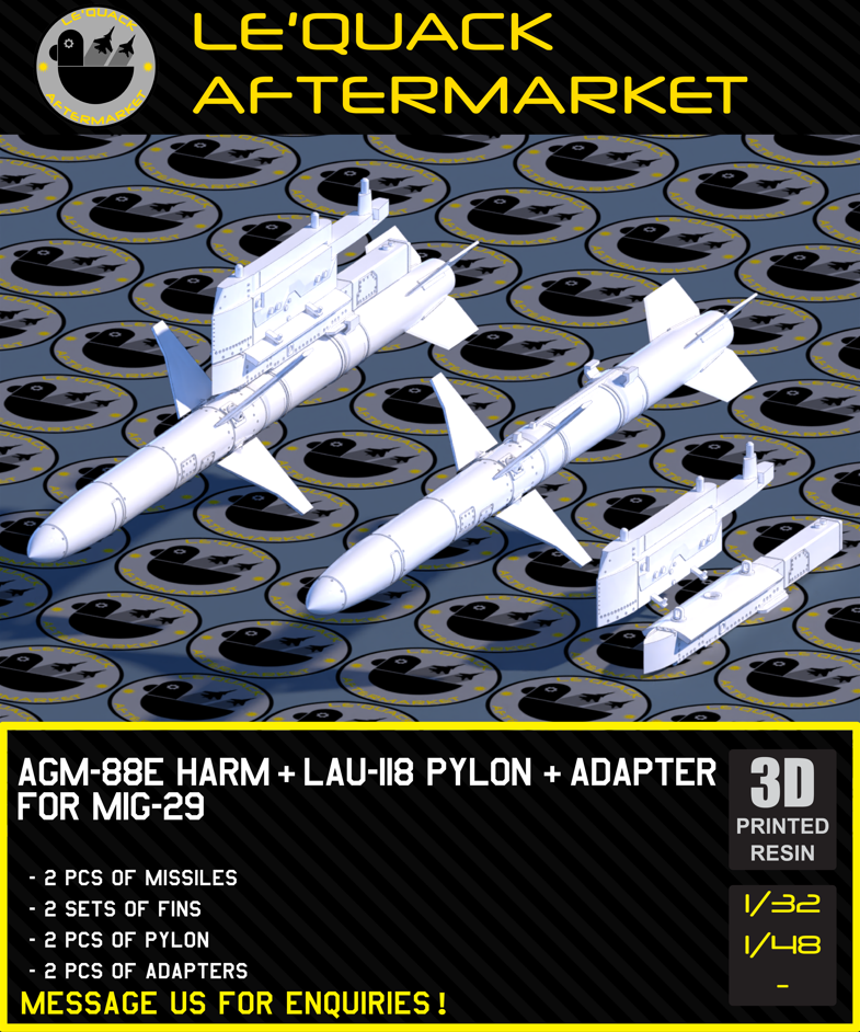 AGM-88E HARM + LAU-118 Pylon + Adapter for MiG-29 3D printed resin scale model accessory