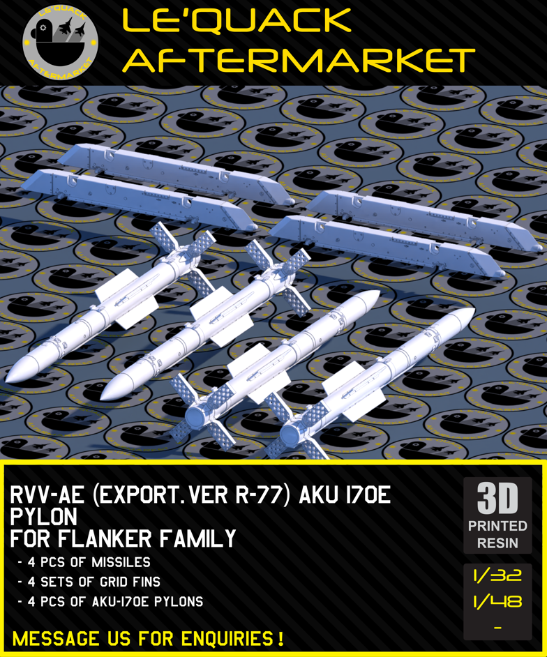 RVV-AE (Export Ver. R-77) + AKU-170E Pylon for Flanker Series 3D printed resin scale model accessory