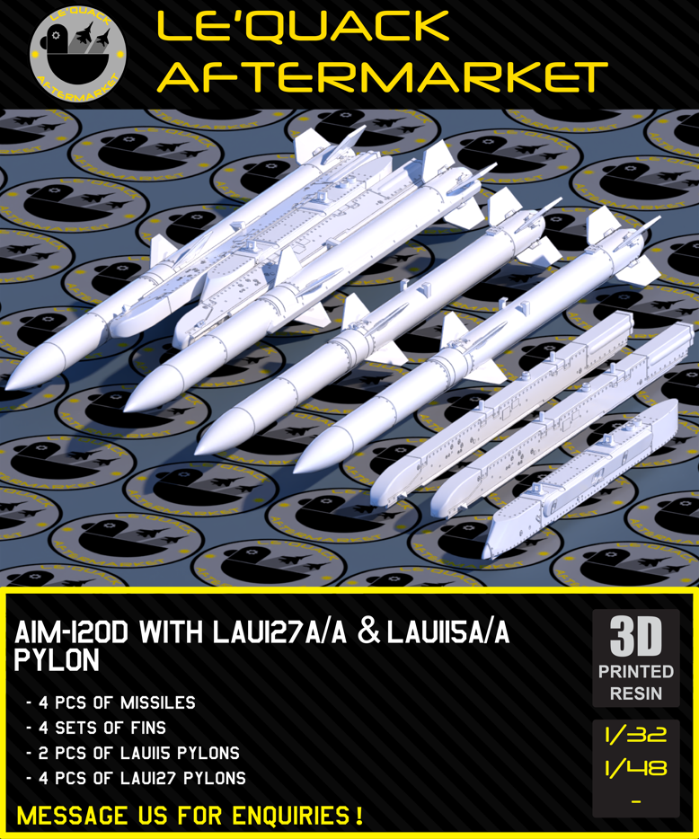 AIM-120D with LAU127A/A & LAU115A/A Pylon or LAU115C/A with ECP-422 Jettison Adapter Pylon for F/A-18C/D 3D printed resin scale model accessory