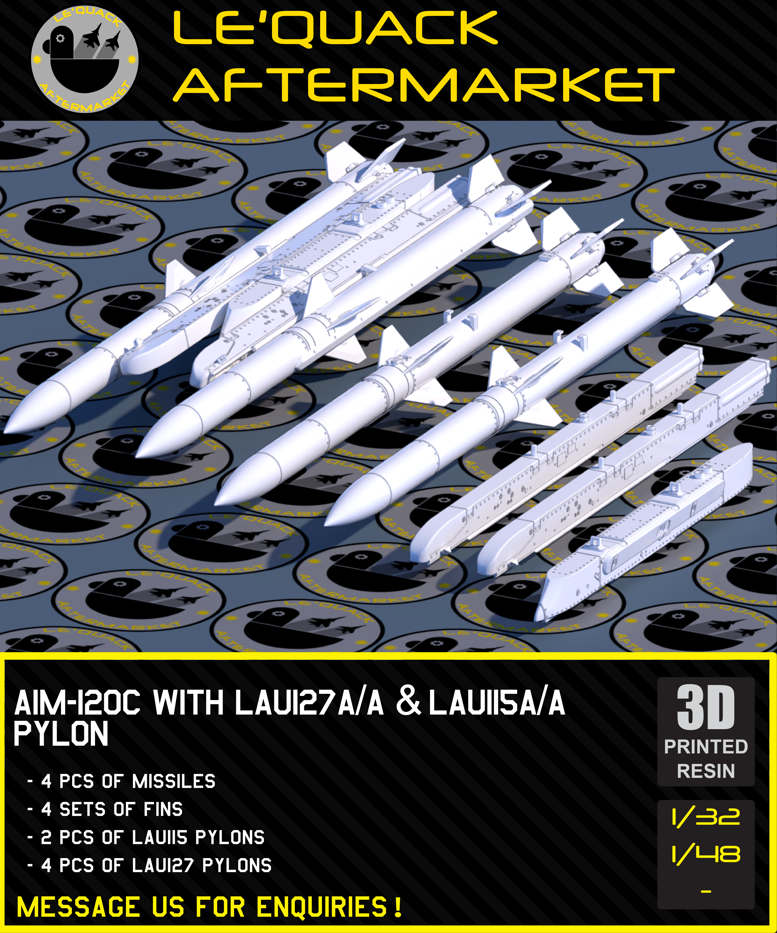 AIM-120C with LAU127A/A & LAU115A/A Pylon or LAU115C/A with ECP-422 Jettison Adapter Pylon for F/A-18C/D 3D printed resin scale model accessory